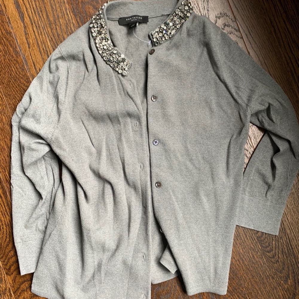 New in Bag Gray Ann Taylor Embellished Cardigan